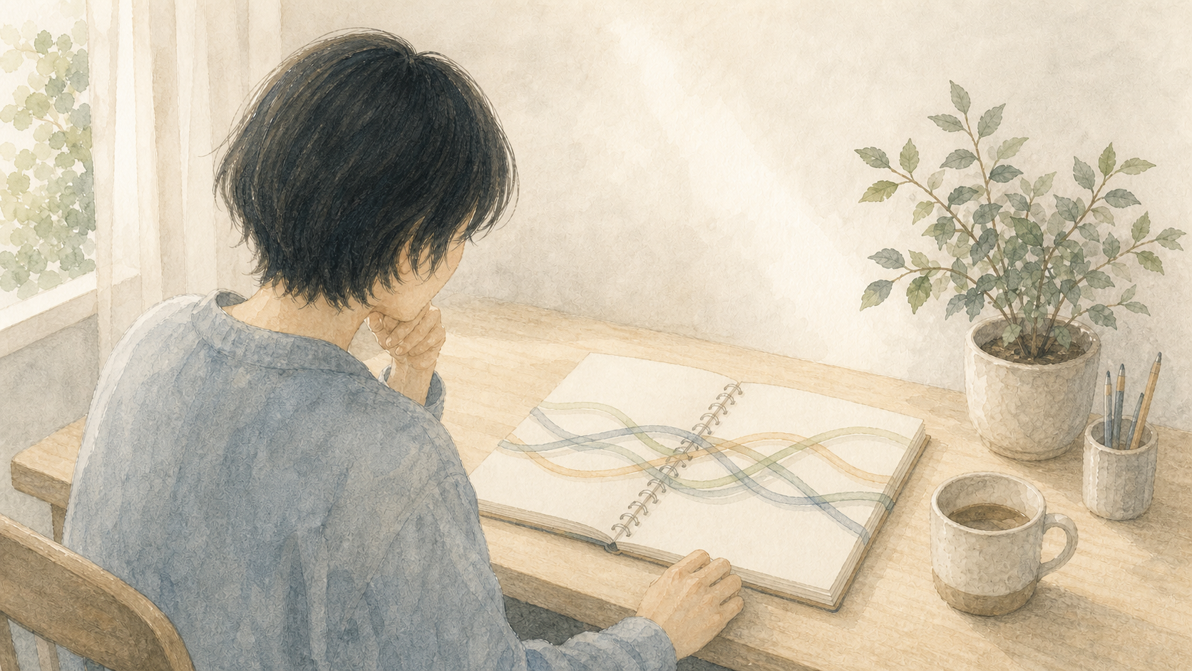 性的魅力・恋愛・友愛の境界を表す、重なり合う線を見つめる人の水彩イラスト