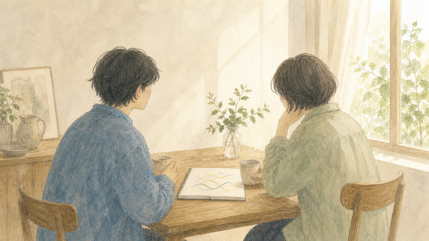 友愛・恋愛・性愛の境界について、二人で静かに話す様子の水彩イラスト