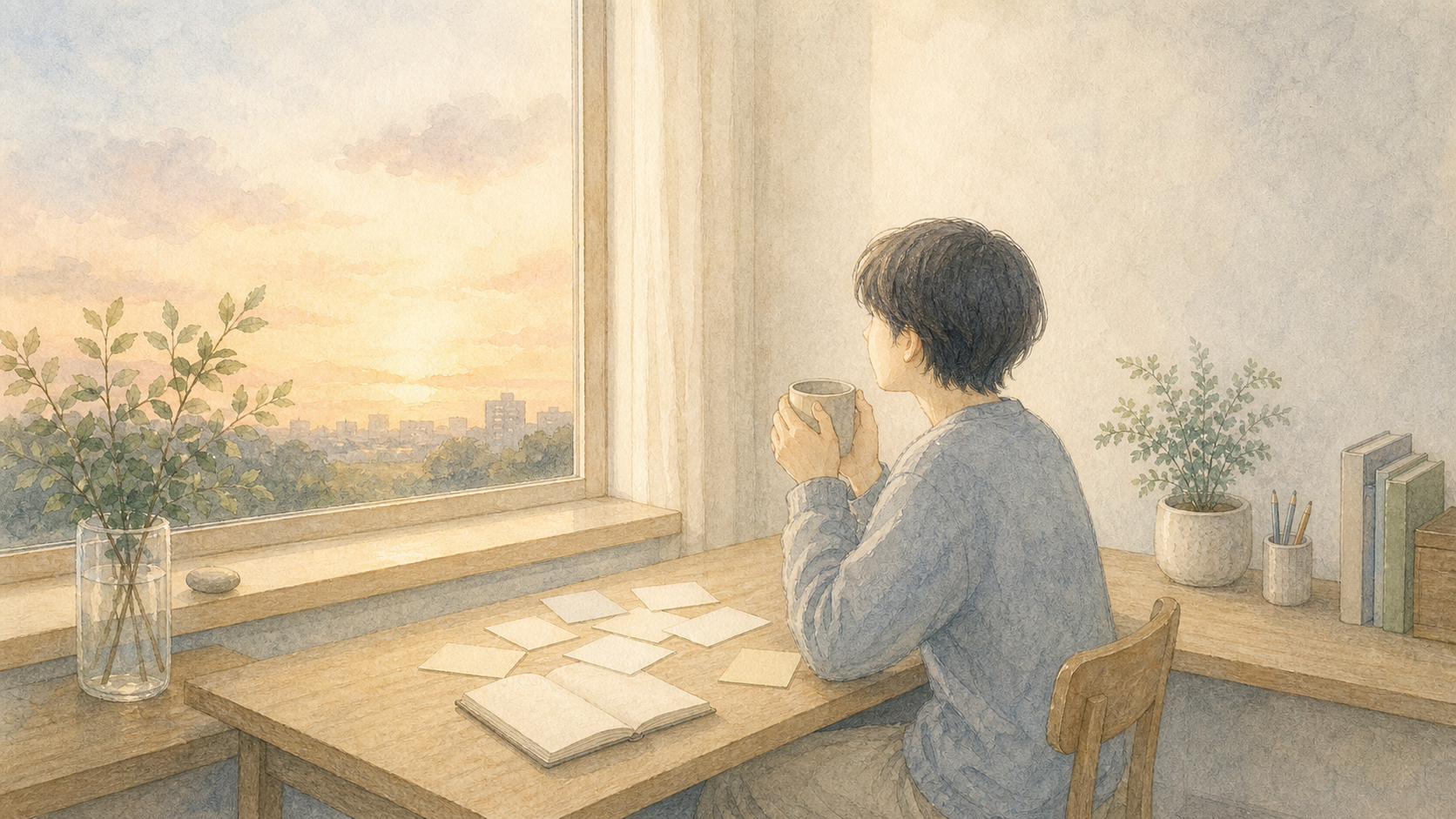 答えを決めず、窓辺で考え続ける人の水彩イラスト