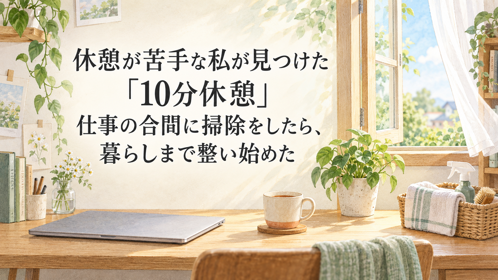 朝の光が差し込む整ったデスクと、10分休憩で掃除をする暮らしを表した水彩イラスト