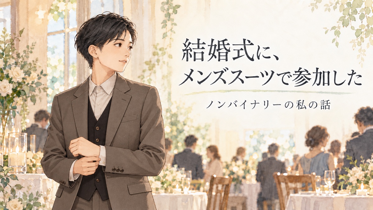 結婚式会場で、ブラウングレーのメンズスーツを着たショートヘアのノンバイナリーの人の水彩イラスト