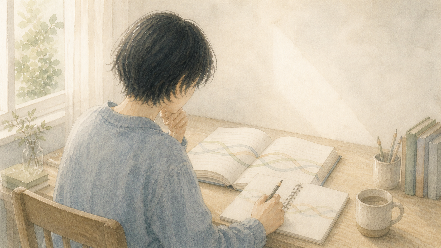 辞書を開いても友情と恋愛の境界が見つからず、重なり合う線を見つめる人の水彩イラスト