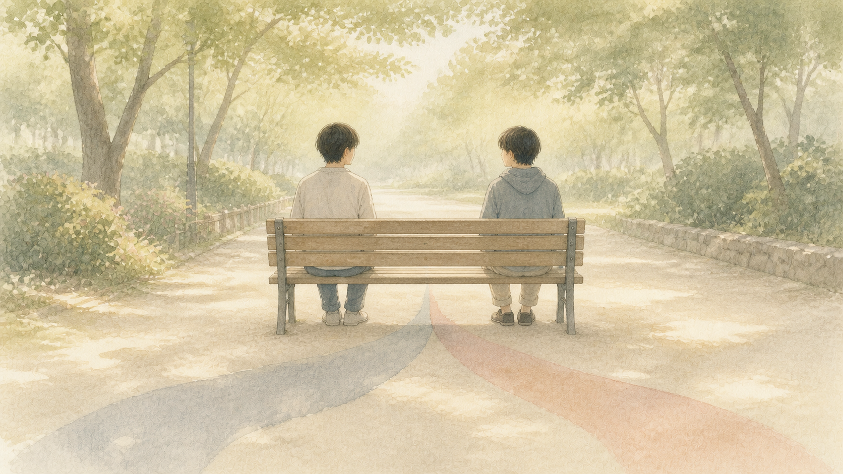 同じベンチに座りながら、それぞれ異なる境界線を見ていた二人の水彩イラスト