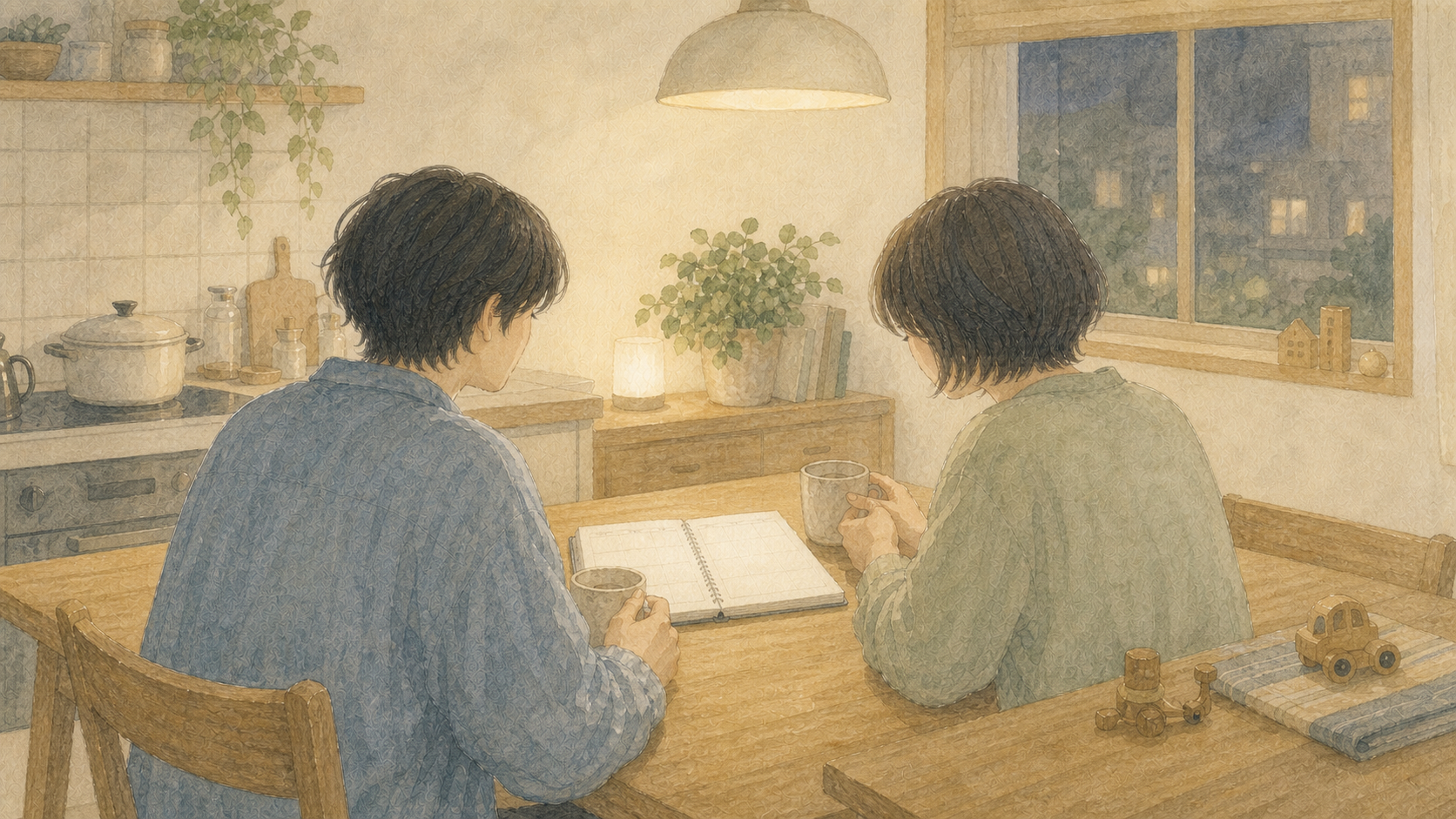 恋愛という言葉だけでは説明しきれない、日々の暮らしをともにする二人の水彩イラスト